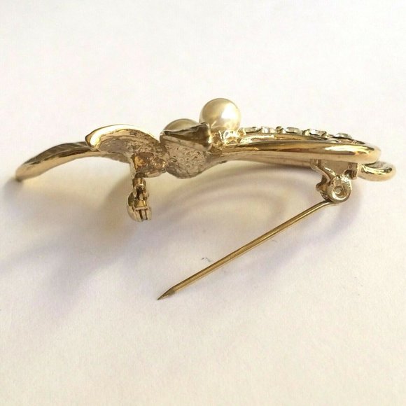 Vintage Pearl Oak Leaf Pin Brooch Fall Jewelry Crystal Flower Gold Plated Deco - Picture 9 of 11